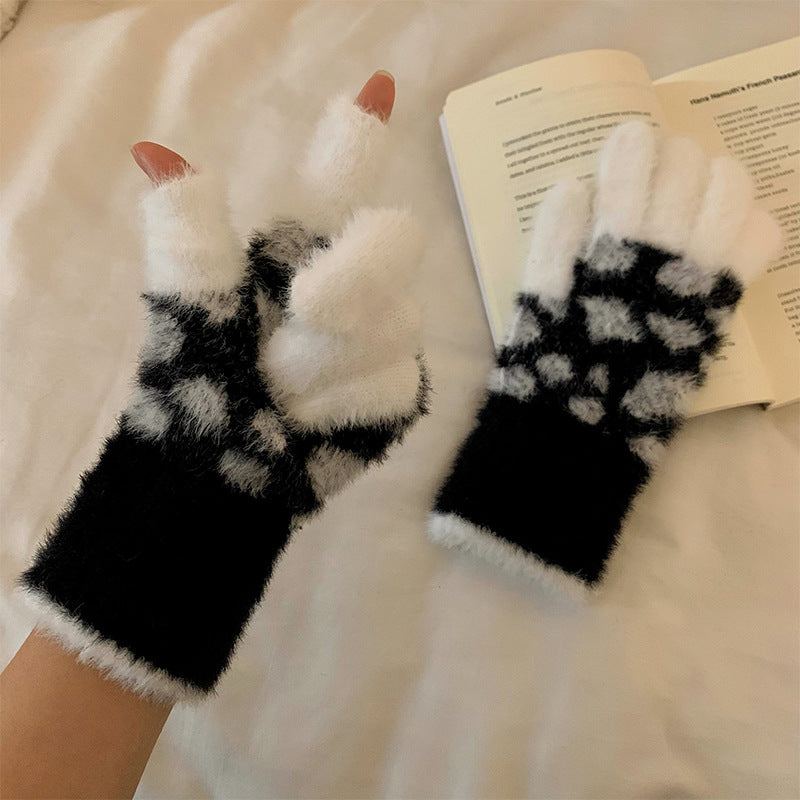 Wholesale Cartoon black and white striped fingerless gloves autumn and winter leopard print